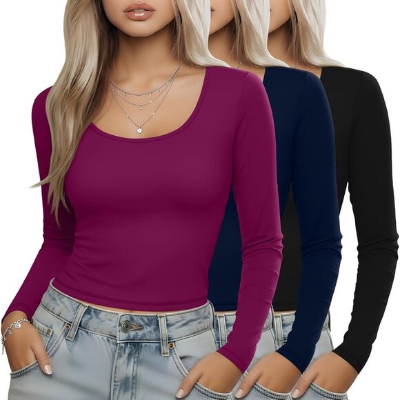 3 Pack Women's Long Sleeve Shirts Cotton Blend Xx-large Casual U-Neck Tops